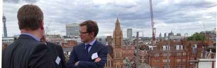 london Rooftops from The Beaumont Hotel, Mayfair. From left to right Andrew Heaver, Managing Director, Chorus Group and Peter Vernon, Chief Executive, Grosvenor Britain and Ireland