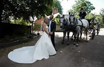 Bride and bridegroom pose for the Essex wedding photographer in front of a horse drawn carriage